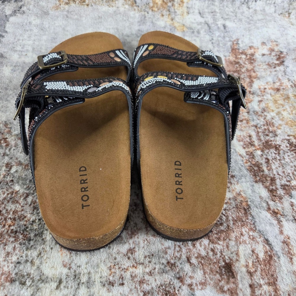 Torrid Beaded Double Buckle Cork Slide Sandals Womens 7.5WW Black Boho Festival - Picture 6 of 13